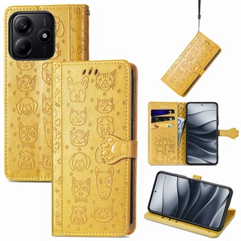 Чохол Embossed Cat and Dog для Xiaomi Redmi Note 14 4G EU Version книга шкіра PU з візитницею жовтий