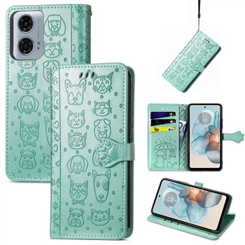 Чохол Embossed Cat and Dog для Motorola Moto G04s книжка шкіра PU з м'ятний візитницею