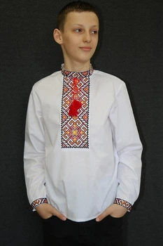 Підліткова вишита сорочка на хлопчика Філіп, біла, красна вишивка, поплін, 140