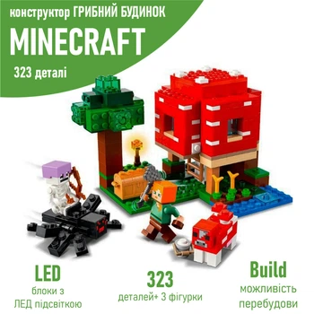 Конструктор minecraft с Лед подсветкой и 3 фигурками / конструктор лего майнкрафт Грибной Дом 323 детали