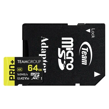 Карта памяти Team Group Pro+ microSDXC 64GB + адаптер UHS-I U3 Class 10, чтение 160MB/s, запись 55MB/s (TPPMSDX64GIA2V3003)