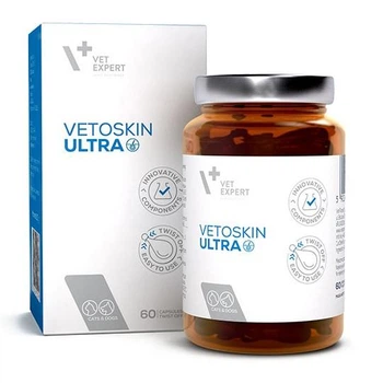 Харчова добавка VetExpert VetoSkin Ultra (ВетоСкін Ультра) для комплексної підтримки та регенерації шкіри та шерсті у кішок та собак 60 капсул