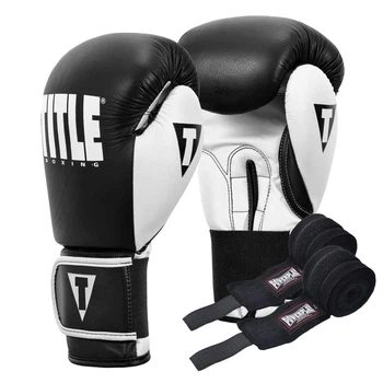 Боксерские перчатки TITLE Dynamic Strike, Белые, кожаные, 14 унций (397г.) для спортсменов 80-90 кг. + бинты