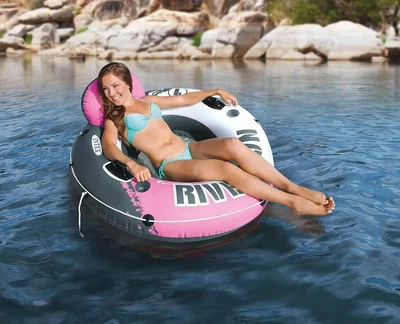Крісло-коло надувне для плавання Intex 56824 «River Run» (Ø135 см, підсклянник, спинка, ручки, трос, сітка на дні, вік 10+, до 120 кг)