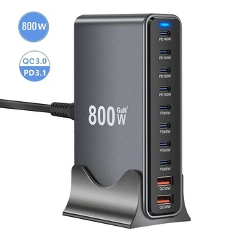 Зарядное устройство YMX 800W, GaN, PD3.1 140W, QC3.0 30W для телефонов, ноутбуков, 10 портов USB+Type-C, настольное