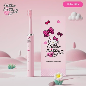Електрична звукова зубна щітка Hello Kitty Sonic – 28000 об/хв, 3 режими, 4 насадки, USB зарядка Рожева