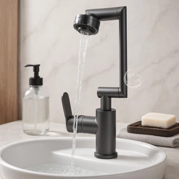 Кран-змішувач поворотний 360° з аератором для кухні та ванної Water Tap Faucet, ніверсальний змішувач-трансформер з двома режимами подачі води і одноважільним керамічним картриджем для раковини і мийки Графіт WCN-893