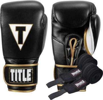 Боксерские перчатки TITLE Boxeo Mexican Leather Quatro Black/White 12 oz (бинты 4м. в комплекте) (BATGE4 12 oz BK/WH)