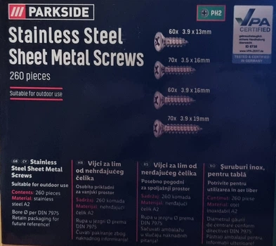 Шурупы 260 шт из нержавеющей стали А2 для листового металла PARKSIDE