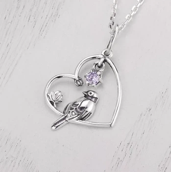Кулон серебряный в форме сердца с птицей Соловейко Amethyst 925 Zirkon