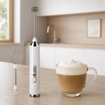 Капучинатор для молока та вершків електричний бездротовий Egg Beater, портативний міні-міксер спінювач з 2 насадками з нержавіючої сталі для латте, капучіно, кави, коктейлів та соусів, USB зарядка Білий AND-1-50-White