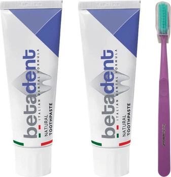Набір Betadent Зубна паста Natural 100 мл х 2 шт + Зубна щітка Extra Soft фіолетова з ковпачком (8030009300346_8030009351607_фиолетовый)