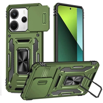 Чохол зі шторкою для камери Camshield Army Ring для Xiaomi Redmi Note 14 4G (International version) та Xiaomi Redmi Note 14 5G, ударостійкий кейс з кільцем-тримачем та функцією підставки Army Green