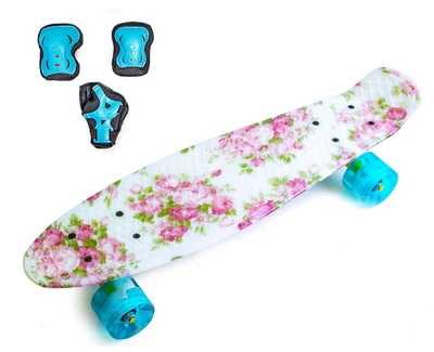Набір СкейтБорд Penny Board. Троянди + захист на коліна, лікті та долоні. Колеса світяться під час катання!