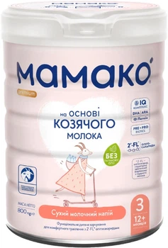 Сухий молочний напій MAMAKO 3 Premium з олігосахаридами грудного молока на основі козячого молока від 12 місяців 800 г (8437022039152)