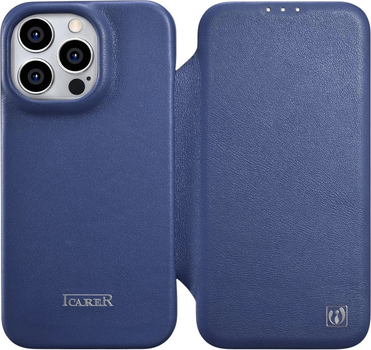 Etui z klapką iCarer Curved Edge Real Cowhide Premium Leather Folio Case do Apple iPhone 14 Pro Blue (WMI14220714-BU)