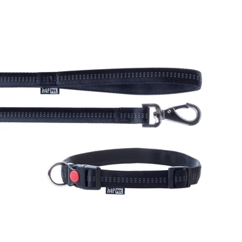 Набор "Reflective Soft Style", XL, световозвращающий поводок+ошейник, поводок (ширина: 2,5 см, длина: 120 см, нейлон, черный), ошейник (ширина - 2,5 см, длина - 40-64 см, черный)