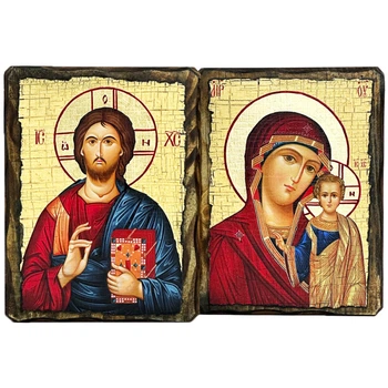 Иконы венчальные "Богородица Казанская и Спаситель" под старину 30х40 см