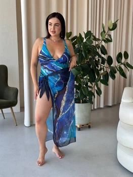 Жіночий роздільний купальник Plus Size. Купальник відкритий, зі знімною поролоновою чашкою і парео, колір синій з принтом, розмір XXXL