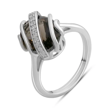 Серебряное кольцо с натуральным раухтопазом (дымчатым кварцем) 4.472ct, фианитами, вес изделия 4,73 гр (2180609)