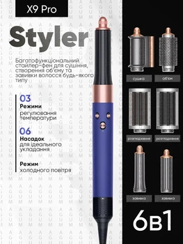 Фен стайлер для волосся з насадками 6в1 Multifunction Hair Styler Airwrap Complete Long X9 Pro набір для укладки волосся браш мультистайлер 1300 Вт Синій