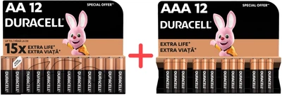 Набор Щелочные батарейки Duracell AA (LR06) MN1500 12 шт + Щелочные батарейки Duracell AAA (LR03) MN2400 12 шт (737055731649)