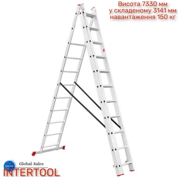 Сходи 3-х розкладні Intertool 7327 мм х 3x11 ступенів (LT-0311) алюмінієві