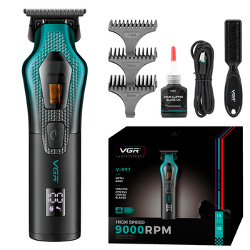 Триммер аккумуляторный для стрижки волос VGR V-997, 8000-11000 RPM, 3 насадки, LED дисплей