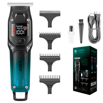 Триммер аккумуляторный для стрижки волос VGR V-964 GREEN, 7000 RPM, 4 насадки, LED дисплей