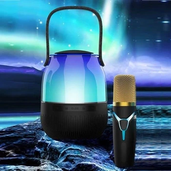 Портативная Bluetooth колонка с микрофоном с подсветкой RGB + караоке Микрофон в комплекте Черная