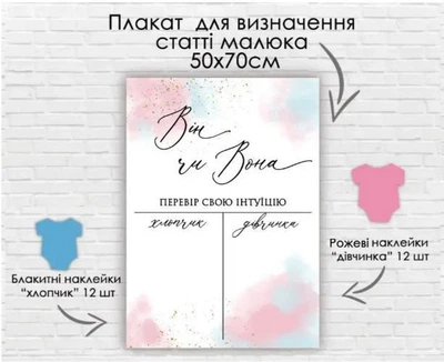 Паперовий плакат "Він чи Вона. Хлопчик чи дівчинка" мінімалізм + наклейки на гендер паті для визначення статі малюка