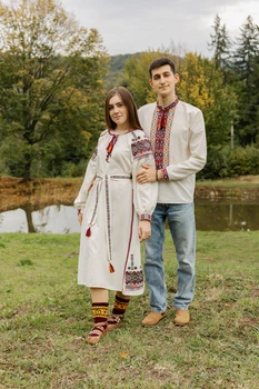 Вишитий комплект для пари Etnovyshyvka "Єдність Роду" молочного кольору вишитий гладдю XL