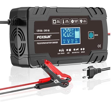 Автоматическое зарядное устройство микропроцессорное Foxsur 12V 8A; 24V 4A black 122408D