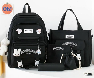 Рюкзак 5 в 1 школьный для девочки Biluoqibag (набор: рюкзак, шоппер, пенал, сумочка, кошелек), черный