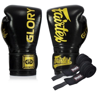 Боксерские перчатки Fairtex натуральная кожа 16 унций черные с бинтами. (658010)