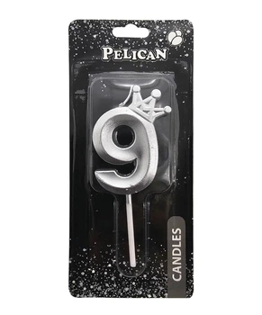Свечка для торта Цифра 9 серебристая с короной 6 см Pelican (863119)