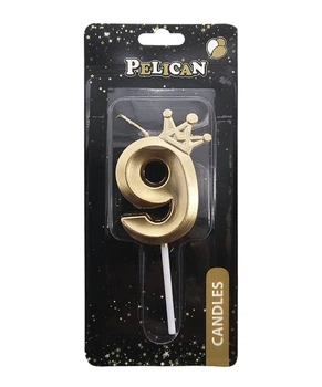 Свечка для торта Цифра 9 золотистая с короной 6 см Pelican (863109)