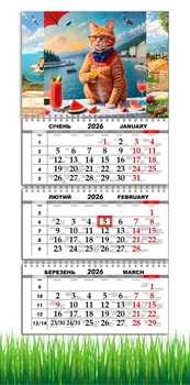 Календар настінний квартальний на 2026 рік на три пружини , Apriori , Котик , Рудий Кіт, Крим , Херсонський Кавун, 29,7х61см