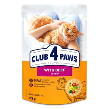 Упаковка вологого корму для дорослих котів Club 4 Paws для дорослих котів з яловичиною в желе 85 гр 24 шт