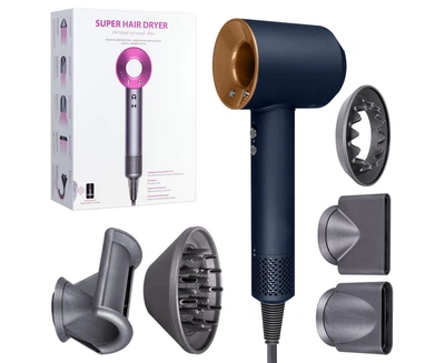 Фен Super Hair Dryer 1600 Вт для сушки и укладки волос, 5 насадок в комплекте, ионная технология, 2 скорости, 3 температурных режима, защита от перегрева Золотой