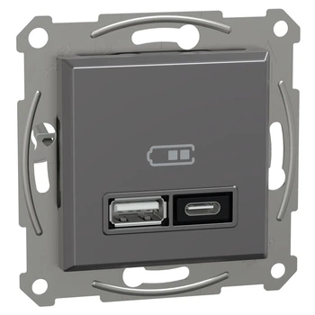 Подвійний Зарядний Пристрій Schneider Electric Asfora USB Тип A+C 21 Вт Механізм з супортом Антрацит EPH2700571