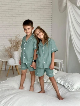 Детская муслиновая пижама шорты+рубашка короткий рукав VIVA от COSY 140-146 см , эвкалипт VIMUЕ5257