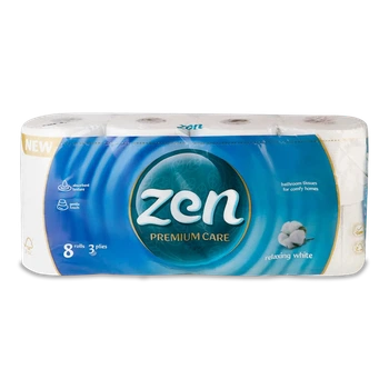 Туалетний папір ZEN Premium Care Relaxing White 3 шаровий 8 рулонів в уп на гільзі