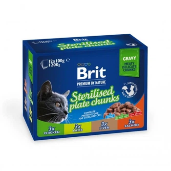 Вологий корм Brit Premium Cat Набір павучів сімейна тарілка для стерилізованих кішок, асорти 4 смаку, 100 г х 12 шт