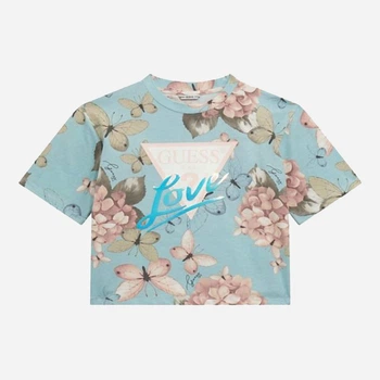Подростковая укороченная футболка-топ для девочки Guess 818874353 176 см Голубая (1159839014)
