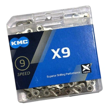 Ланцюг велосипедний KMC X9, 9 швидкостей, 116 ланок, у коробочці із замком, Silver/Grey