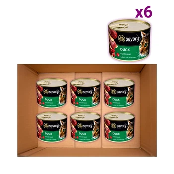 Упаковка влажного корма для требовательных кошек Savory с уткой 200 г х 6 шт.