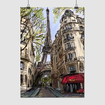 Постер Эйфелева Башня и парижская улица, Париж, Paris, France, A2 60×43 см (id3714)