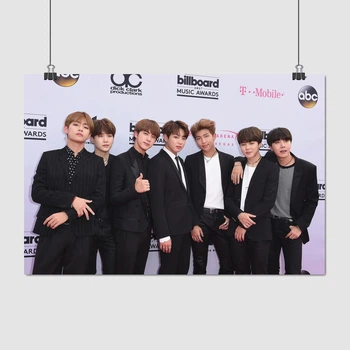 Постер БТС, у стены с логотипами, Bangtan Boys, BTS, кейпоп, A3 28×42 см (id2648)