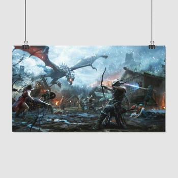 Постер Скайрім, напад дракона на село, Skyrim, The Elder Scrolls V, TES, A3 24×42 см (id4909)